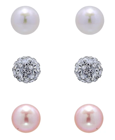 Giani Bernini White and Pink Freshwater Pearl Button and Clear Crystal Fireball Stud Earrings Set