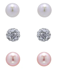 Giani Bernini White and Pink Freshwater Pearl Button and Clear Crystal Fireball Stud Earrings Set