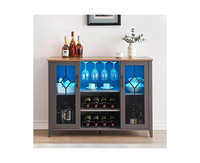 Led Wine Bar Cabinet with Glass Rack and Storage, Home Coffee & Liquor Sideboard Buffet