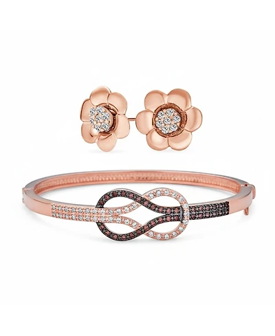 Bling Jewelry Tri-Tone Love Knot Bangle Bracelet and Cz Petal Cubic Zirconia Stud Earring Jewelry Set Rose Gold Plated