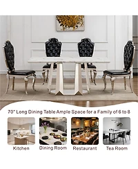 Streamdale Furniture Marble Dining Table for 6 People, 70" Faux Marble & Stainless Steel Base Silver, White