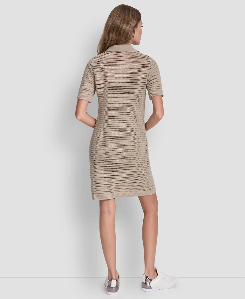 Dkny Jeans Women's Polo Collar Crochet Stitch Short Dress