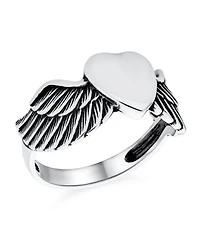 Bling Jewelry Unisex Religious Spiritual Heart Angel Wing Feather Band Ring Oxidized .925 Sterling Silver Or Stainless Steel