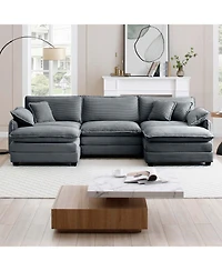 Streamdale Furniture Grey Corduroy Modular Sofa with Ottoman & Footstools