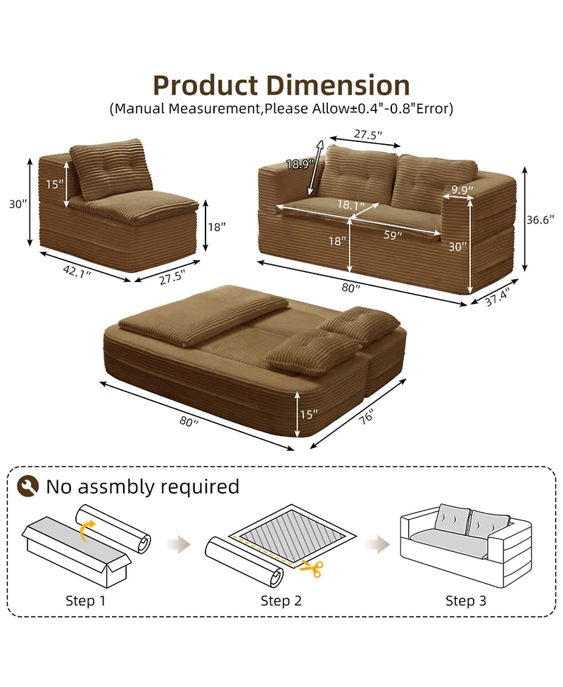 Streamdale Furniture Streamdale Convertible Corduroy Sectional Sofa Bed with Chaise & Blanket - Camel
