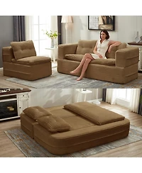 Streamdale Furniture Streamdale Convertible Corduroy Sectional Sofa Bed with Chaise & Blanket - Camel