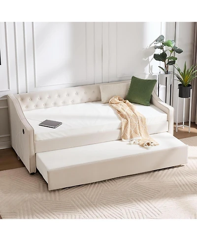 Streamdale Furniture Twin Upholstered Daybed with Trundle, Usb, Pockets, Velvet