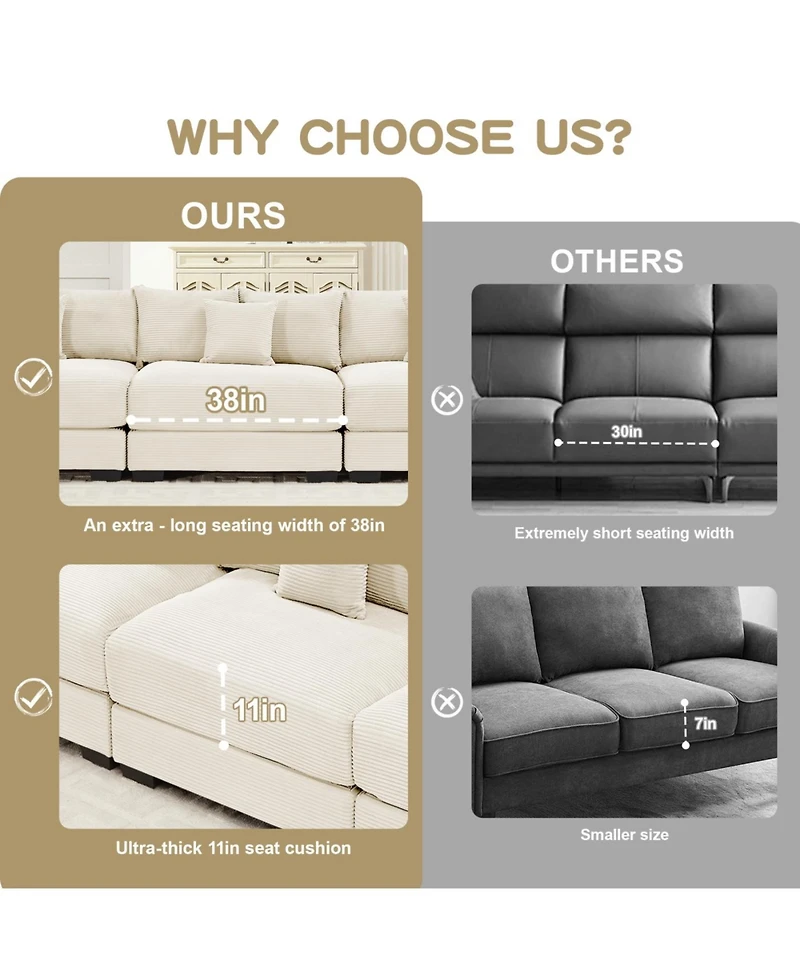 Streamdale Furniture 130" Oversized Cloud Modular Sectional Couch, Premium Corduroy 3-Seater Sofa