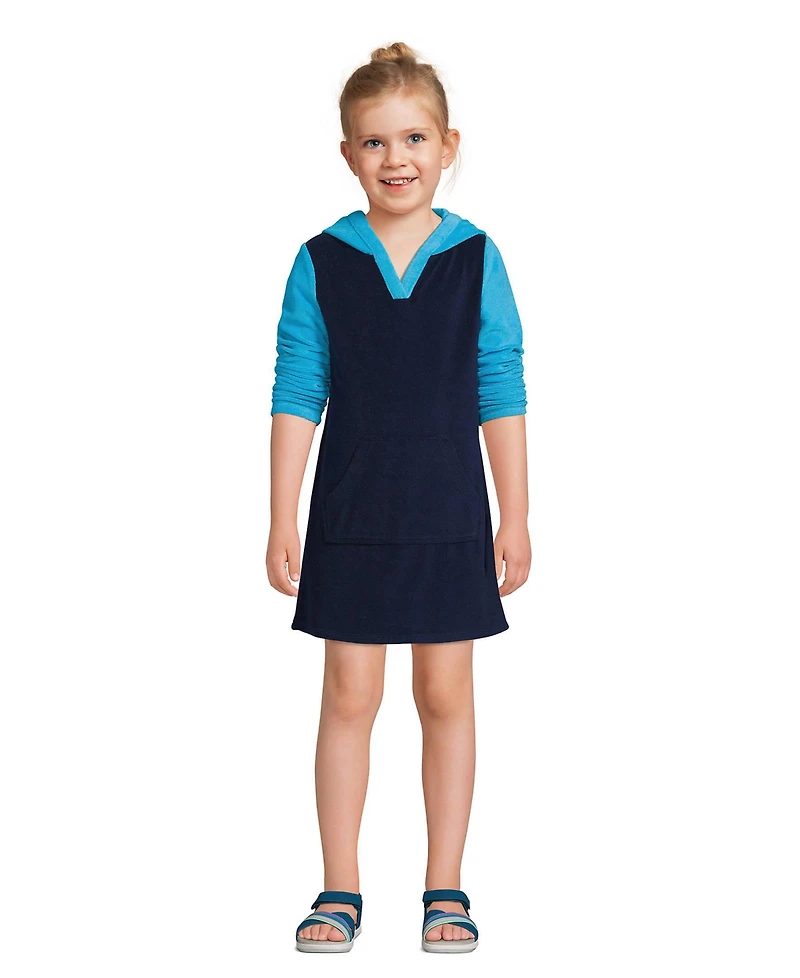 Lands' End Girls Long Sleeve Hooded Front Pocket Terry Cloth Swimsuit Cover-Up