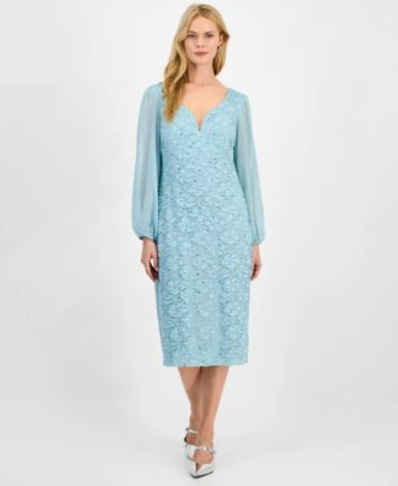Connected Womens Sweetheart Neck Long Sleeve Midi Dress