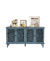 Streamdale 60" Antique Blue Buffet Cabinet - Floral Carvings, Solid Wood Legs
