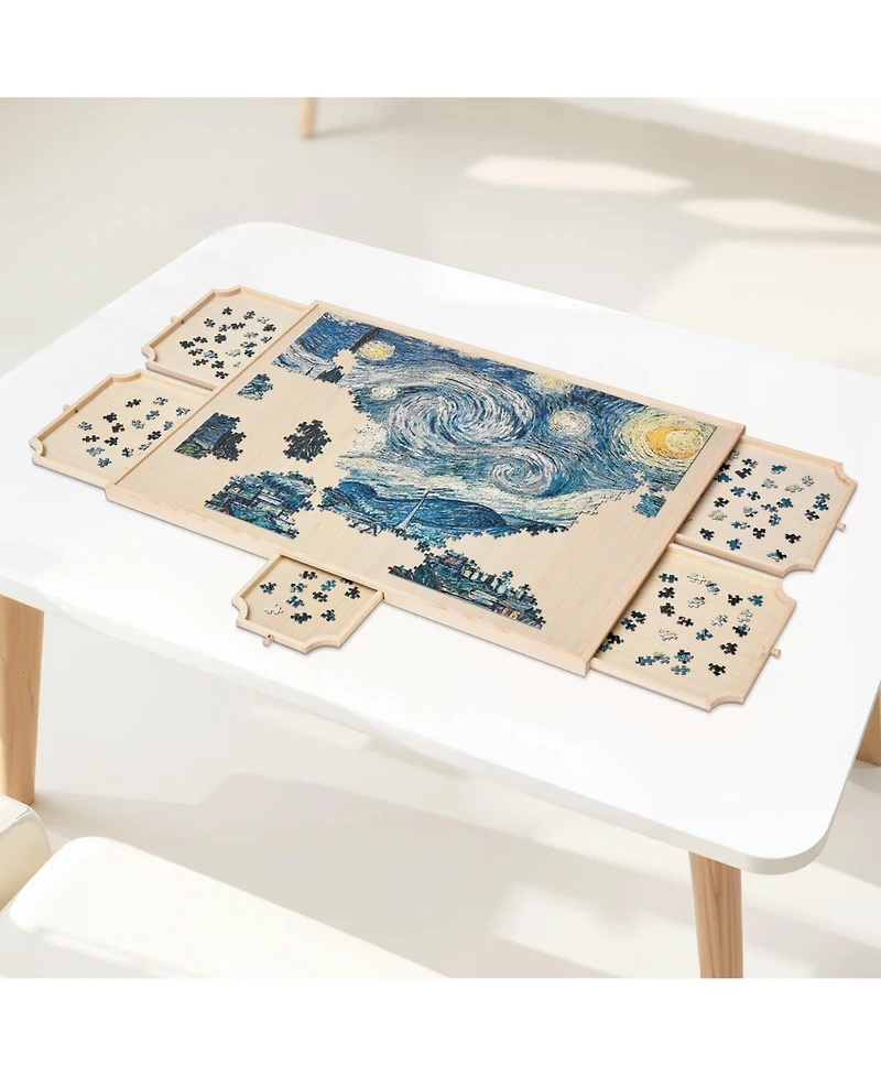 Mecale 1500-Piece Rotating Puzzle Board with 5 Drawers and Cover, 34x25 in Portable Wooden Jigsaw Table for Adults