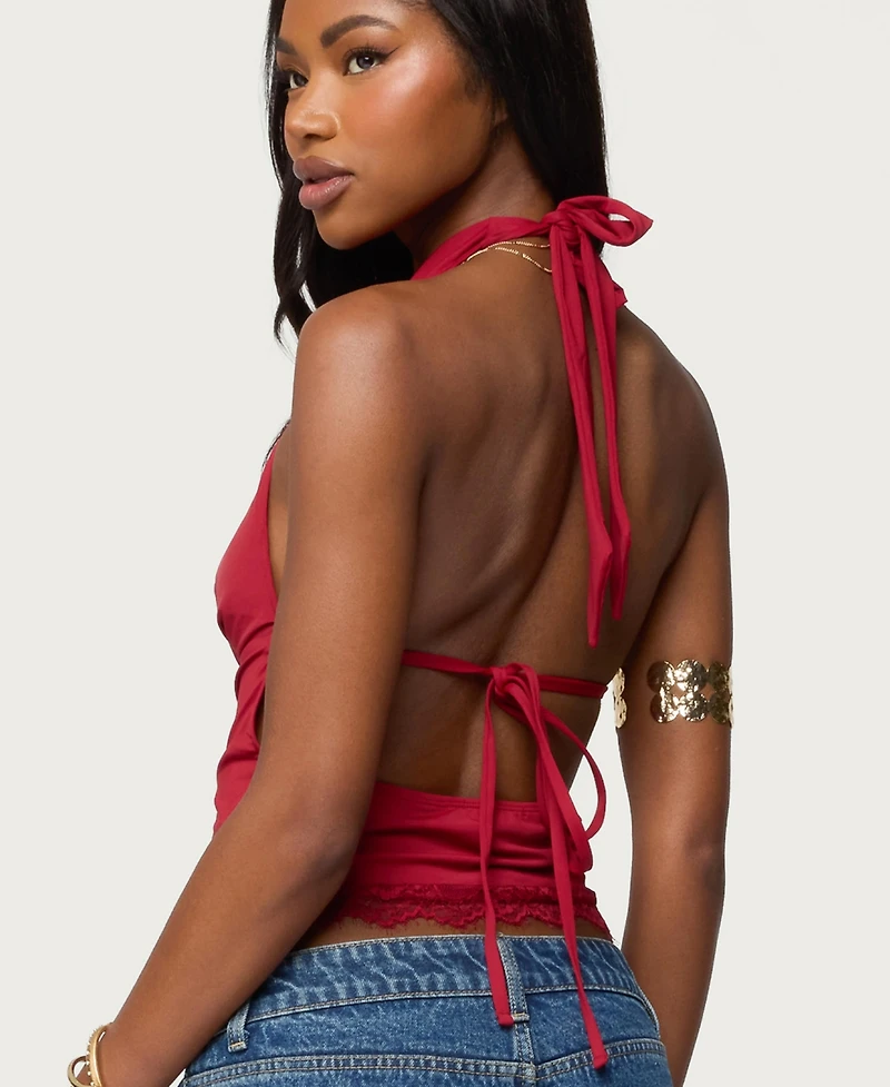 Edikted Women's Layered Lacey Cowl Neck Halter Top