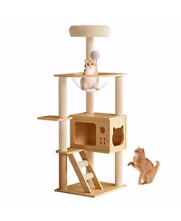 Zeus & Ruta 48.8 Modern Cat Tree Wood Tower Sisal Scratching Posts Top Perch Acrylic Hammock