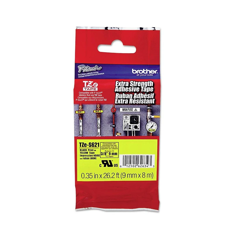 Brother P-Touch TZES621 0.35 in. x 26.2 ft. TZe Laminated Removable Label Tapes - Black on Yellow