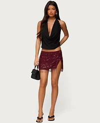 Edikted Women's Chiffon Sequin Bead Fringed Mini Skirt