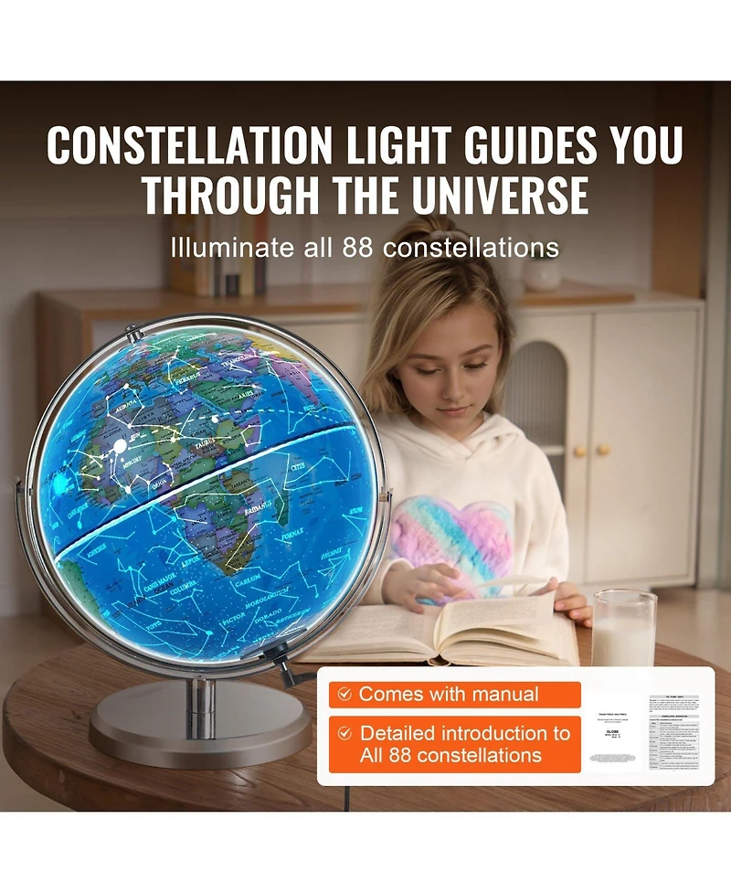 Sugift Illuminated World Globe 13" Educational Led Constellation Globe Metal Base