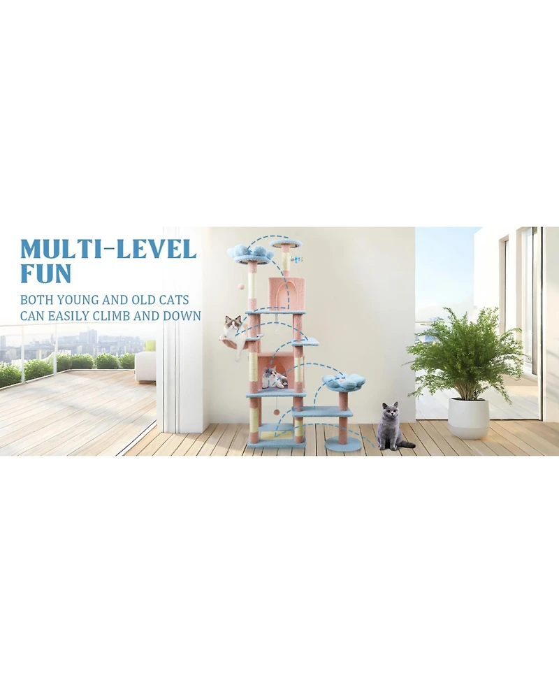 Zeus & Ruta 71" Blue Floral Cat Tree - Large Condo & Hammock