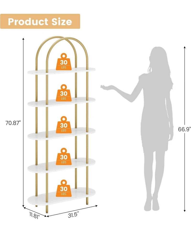 gaomon 71" 5-Tier Metal Collapsible Bookshelf, Portable Freestanding Bookcase, Tall Storage Organizer Display Rack for Home Office, Living Room