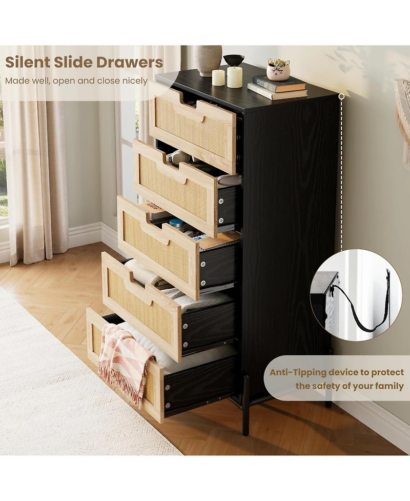 Gaomon 5-Drawer Rattan & Wood Farmhouse Cabinet with Metal Legs – Modern Dresser