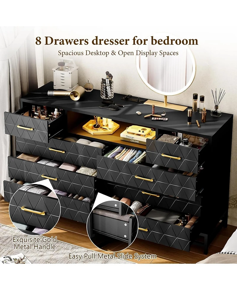 Gaomon 8 Drawer Dresser for Bedroom, Pink Dresser with Led Light, 55 Inch Tv Stand Dressers with Power Outlet