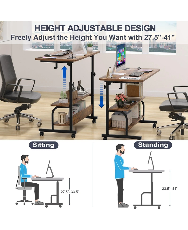 Aheaplus Small Height Adjustable Standing Desk with Power Outlets and Shelves, Max Height 41 Inches