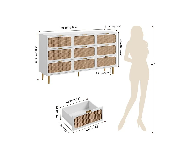 Gaomon Rattan 9 Drawer Dressers for Bedroom