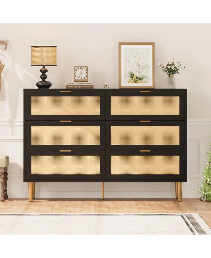Gaomon Rattan 5 Drawer Dresser, 44''Tall Narrow Chest of Drawer, Farmhouse Wooden Vertical Dresser with Metal Legs