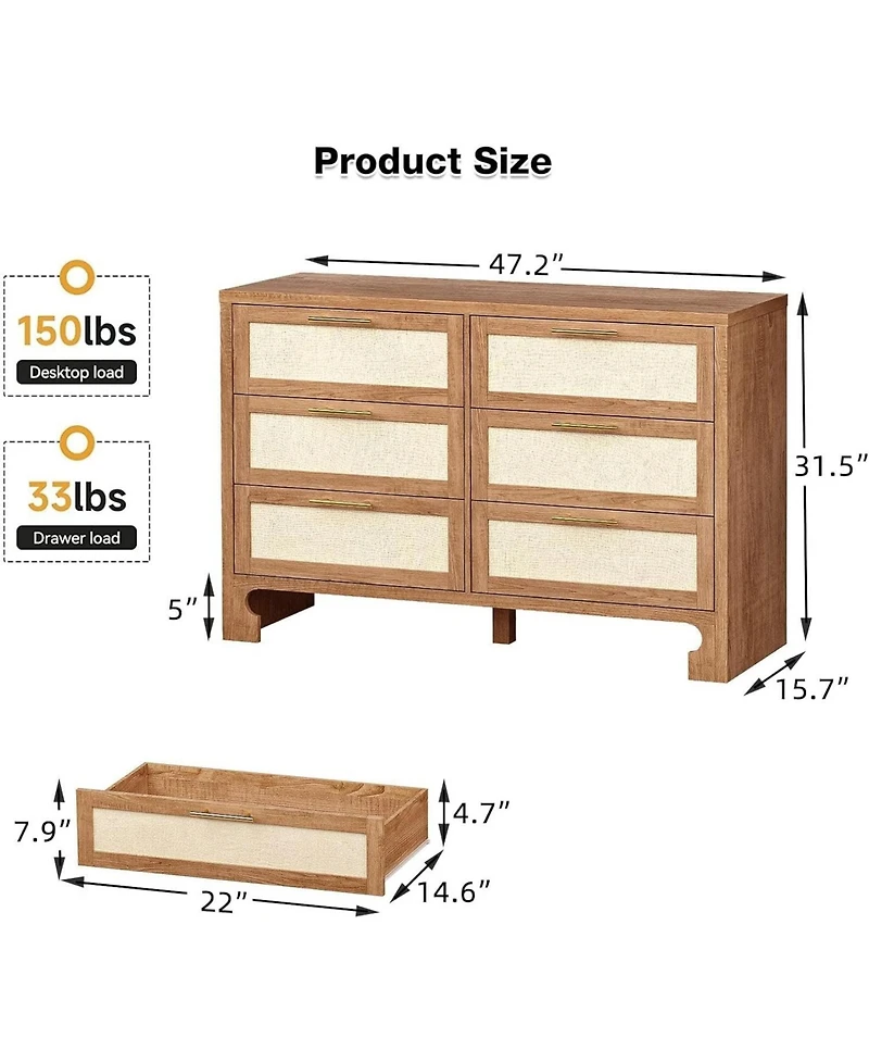 Gaomon Rustic Caramel Burlap 6-Drawer Dresser, Spacious Storage Chest Made of Mdf & Composite Wood for Bedroom Living Room or Hallway