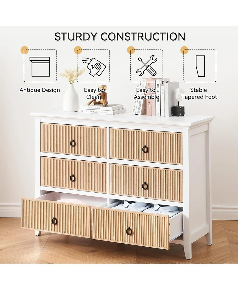 Gaomon 6-Drawer Modern Dresser with Fluted Panel Design, Wide Chest with Deep Storage Drawers and Tv Stand Function, Ideal for Bedroom, Natural White