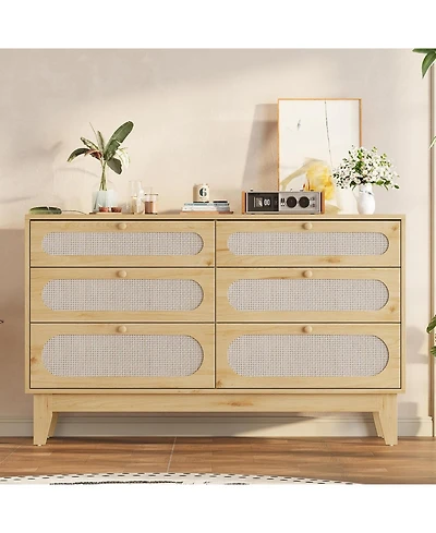 Gaomon Rattan 6-Drawer Bedroom Dresser, Oak Storage Chest with Deep Drawers, Modern Organizer for Bedroom Living Room Entryway Hallway