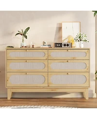 Gaomon Rattan 6-Drawer Bedroom Dresser, Oak Storage Chest with Deep Drawers, Modern Organizer for Bedroom Living Room Entryway Hallway