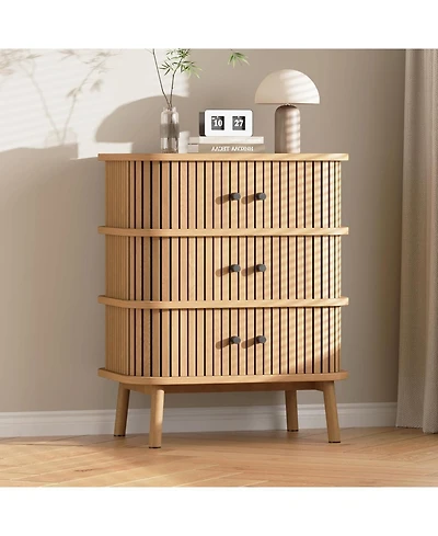 gaomon Mid-Century 3-Drawer Bedroom Dresser, Wicker Storage Chest with Matte Black Pulls and Wood Legs for Closet or Entryway, Natural