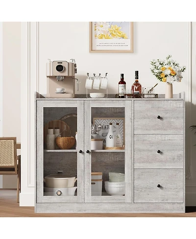 Gaomon 43" Modern Buffet Cabinet with Storage, Sideboard Kitchen Guardrail, Adjustable Shelves & 3 Drawers, Wood Table