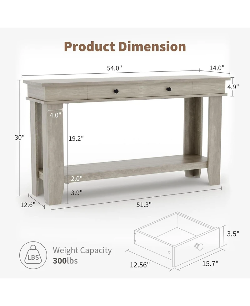 gaomon 54" Long Console Table, Wooden Entryway Table with 2 Drawers & Open Storage Shelf, Sofa Behind Couch, Farmhouse Entry Foyer