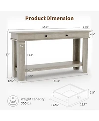 gaomon 54" Long Console Table, Wooden Entryway Table with 2 Drawers & Open Storage Shelf, Sofa Behind Couch, Farmhouse Entry Foyer