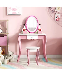 Gymax Kids Vanity Table Stool Set Pretend Play Makeup Desk with Whiteboard Markers