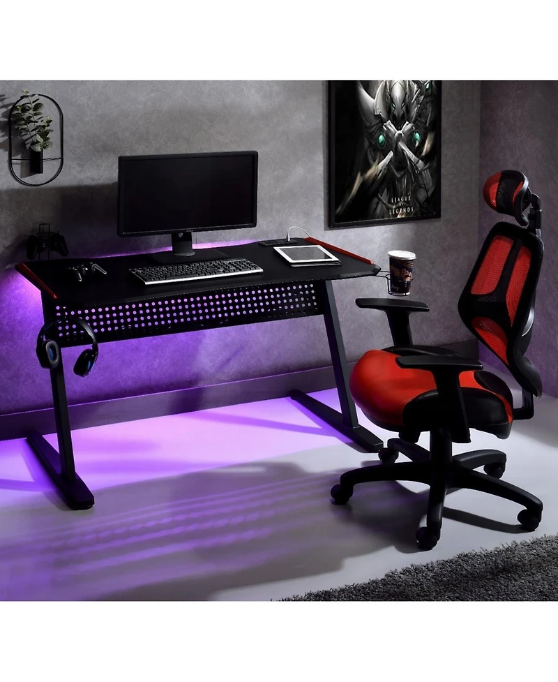 Flynama Gaming Desk, Black & Red, Led Lights, Usb Port, 47" Surface & Ergonomic Design