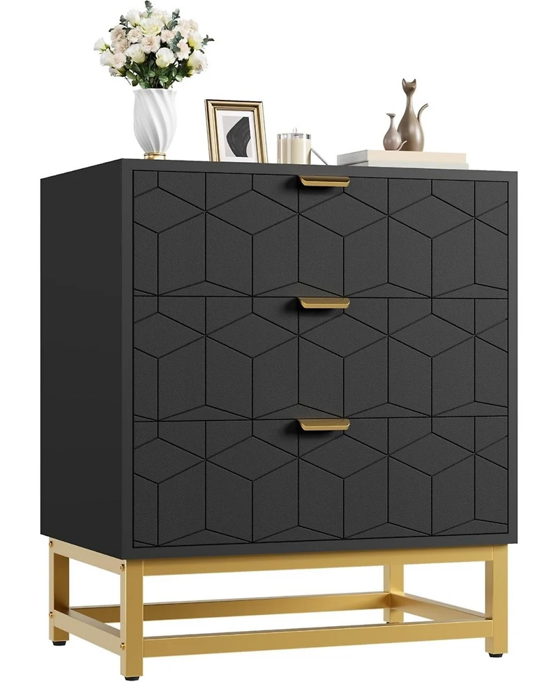 Gaomon 3-Drawer Wood Dresser with Gold Metal Legs & Handles