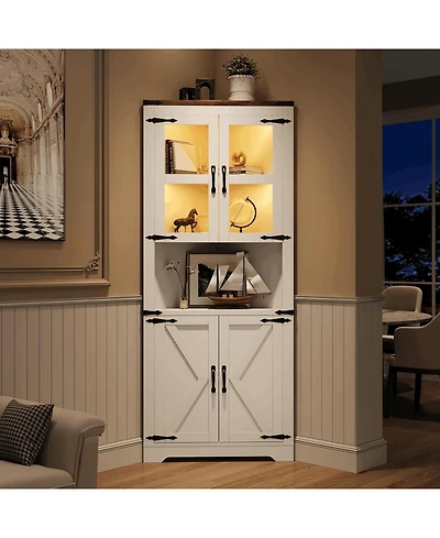 Gaomon 67" Tall Corner Storage Cabinet with Lights, Farmhouse Wooden Hutch Glass Doors, Adjustable Shelves, Display