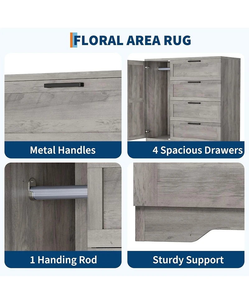 gaomon 43.3" H Armoire Wardrobe Closet with 4 Drawers & Hanging Rod, Multifunctional Wood Storage Cabinet for Bedroom