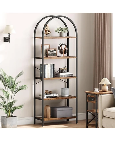 gaomon Arched 5-Tier Bookshelf, Modern Bookcase with Gold Metal Frame, Tall Wood Storage Shelf for Living Room, Bedroom, Home Office, Easy Assembly