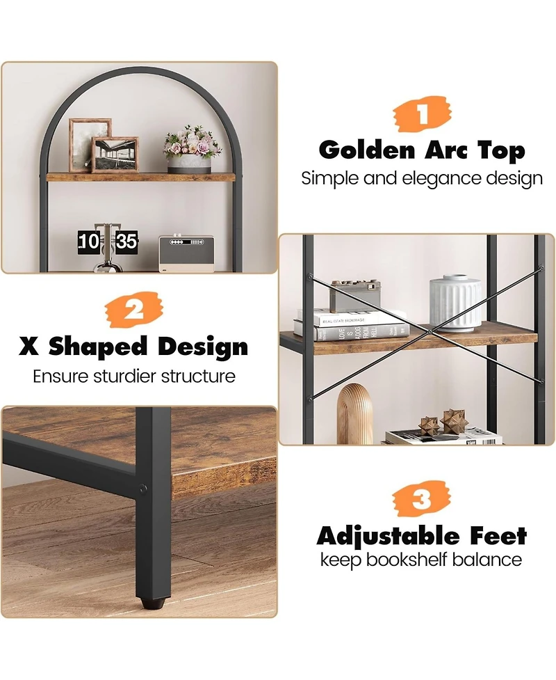 gaomon Arched 5-Tier Bookshelf, Modern Bookcase with Gold Metal Frame, Tall Wood Storage Shelf for Living Room, Bedroom, Home Office, Easy Assembly