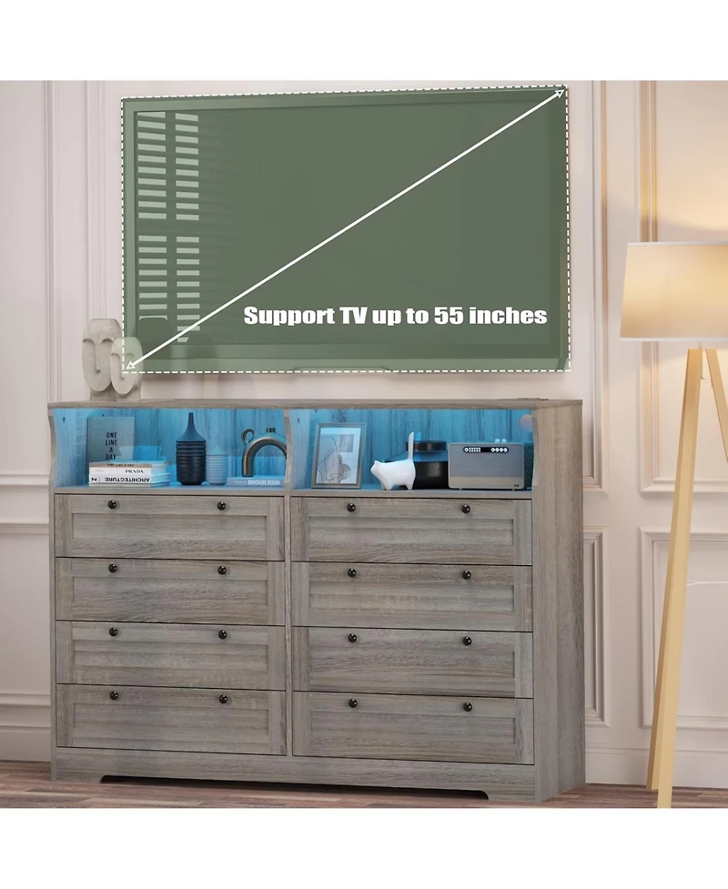 Gaomon 8 Drawers Wooden Dressers with Led Lights and Power Outlet for Bedroom