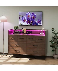gaomon Wood Dresser with Power Outlet and Led Lights, 8 Drawer Dresser for Bedroom