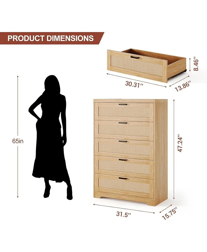 Gaomon Tall Rattan Dresser 5 Drawer Chest Modern Wooden Storage Cabinet with Wide Top for Bedroom Living Room Hallway Entryway