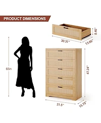 Gaomon Tall Rattan Dresser 5 Drawer Chest Modern Wooden Storage Cabinet with Wide Top for Bedroom Living Room Hallway Entryway