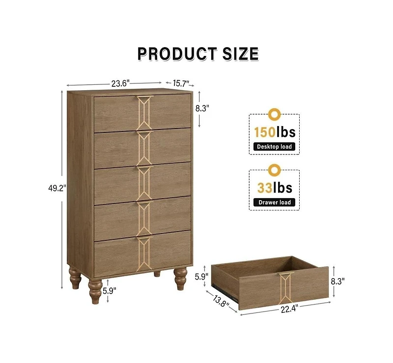 Gaomon 5-Drawer Wooden Oak & Gold Modern Tall Dresser with Deep Storage