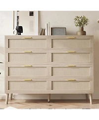 gaomon 8 Drawer Oak Dresser for Bedroom, Natural Rattan Chest with Gold Handles, Slim Wood Cabinet for Entryway or Living Room