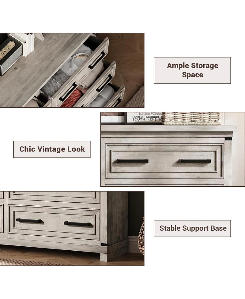 Dresser for Bedroom with 6 Drawers, Farmhouse Chests of Drawers, 55" Wide Wood Dresser with Natural Texture